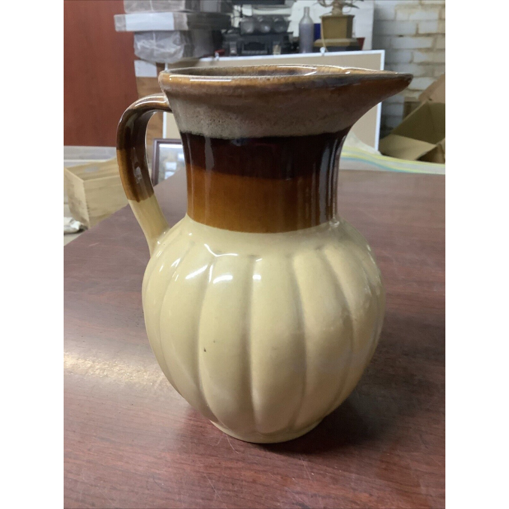 Vintage Drip Glaze Ceramic Pitcher Mid Century Retro Farmhouse Vase Brown Tan 7" - Picture 4 of 7